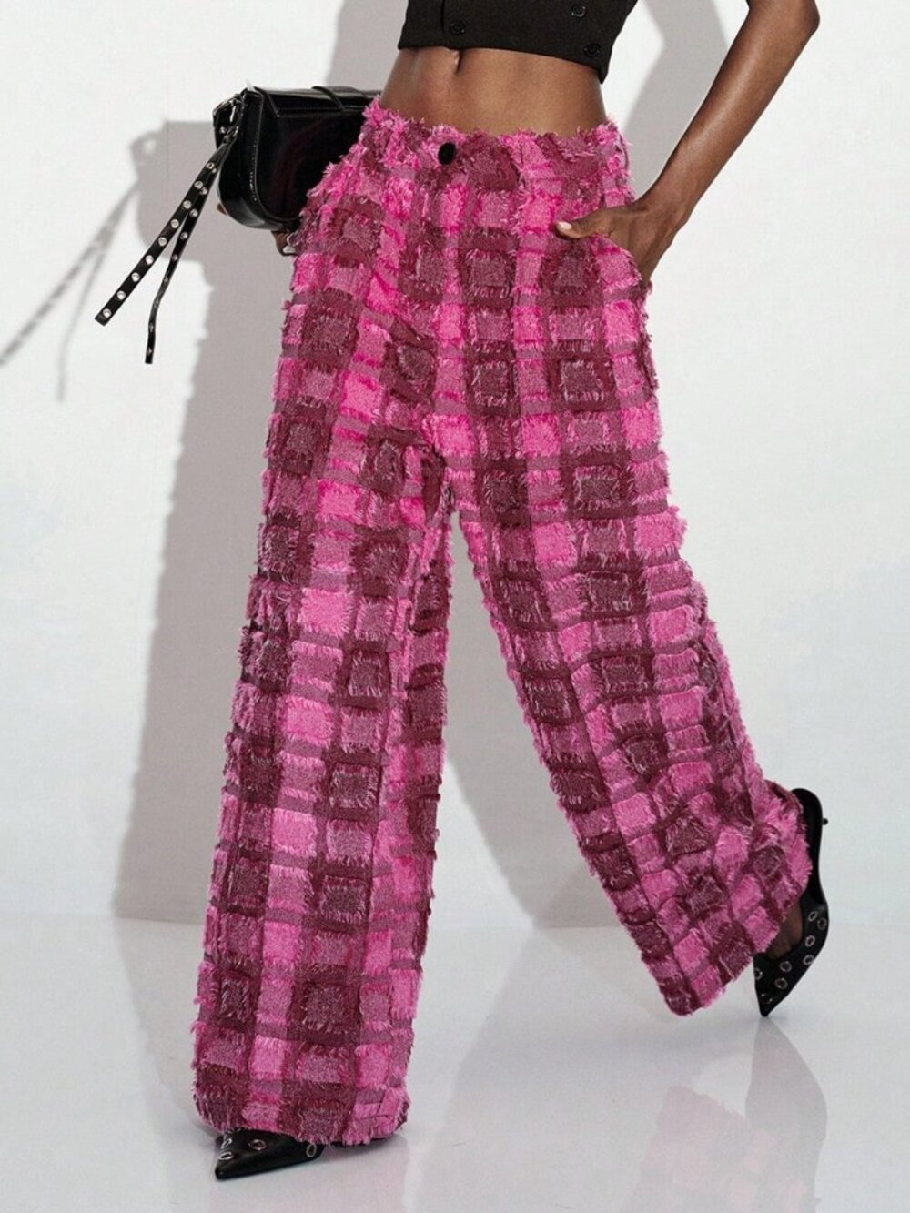 Hot Pink Party Women's Tassel Cut-Out Plaid Wide Leg Long Pants